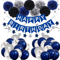 Décorations d'anniversaire pour hommes, ballons d'anniversaire bleu marine et argent pour garçons femmes filles bannière joyeux anniversaire avec banderole de début, 6