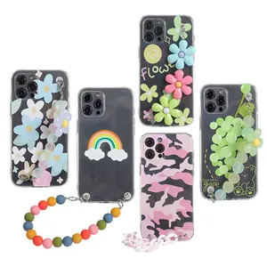 Fashion Lady Style Rainbow Wrist Chain Tpu Phone Case For iPhone 11 12 Pro Max, For iPhone 13 Pro Max Flower Print Phone Case