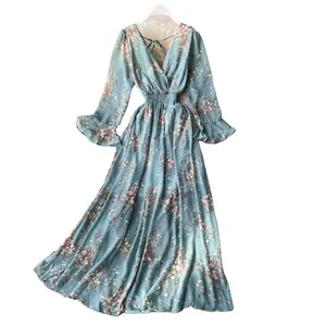 summer V-neck bell-sleeve high-waisted, thin floral dress, super fairy forest waist thin large-swing long dress on sale