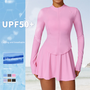 Logo Kustom Musim Panas Slim Lengan Panjang Cepat Kering Spandex/Nilon Kerah Tegak Setelan Tenis Golf Dua Potong Wanita Jaket Ritsleting Rok - Product Image 2