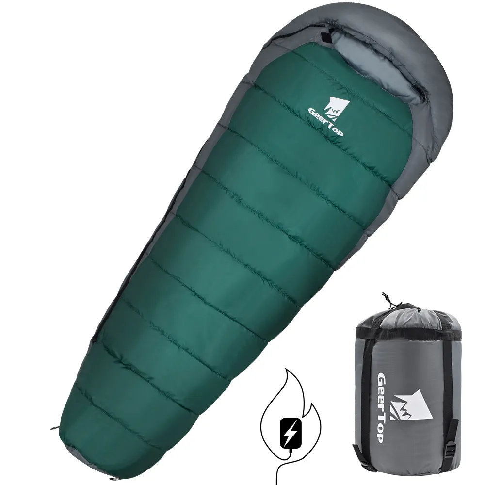 Hot Sell 4 season winter hollow cotton outdoor compact lightweight travel electric battery camping mummy sleeping bag