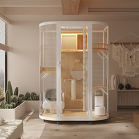 Villa pour chat de luxe en bois massif, mobile, avec vitrine panoramique en verre trempé, meuble de présentation intérieur pour animaux de compagnie, cage à chat multi-niveaux pour l'intérieur