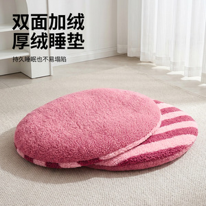 แผ่นรองนอนอุ่นลายทางทรงกลมสำหรับสุนัขและแมว หนานุ่ม ใช้ได้สองด้าน - Product Image 3