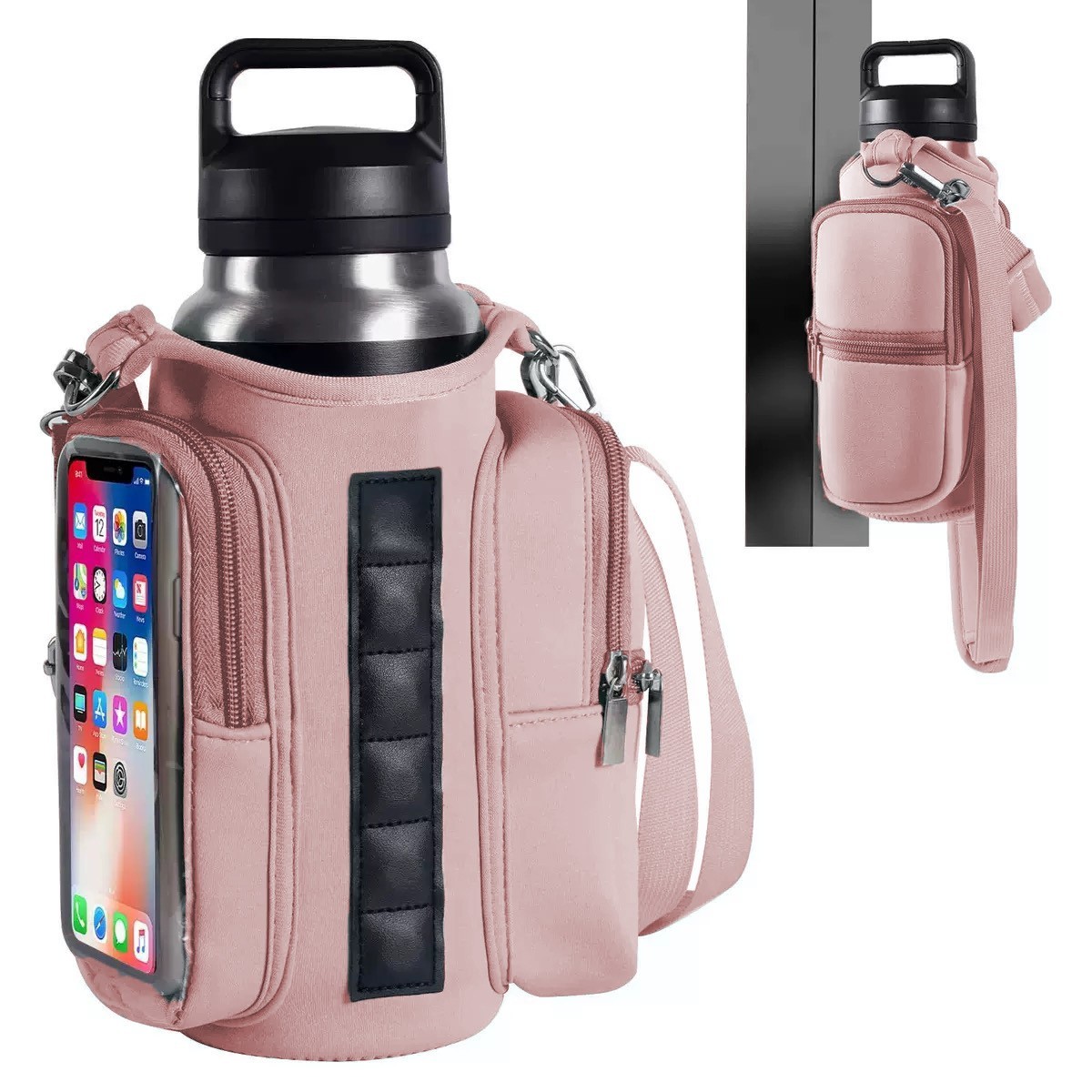 Magnetic Water Bottle Holder With Phone Pocket - Adjustable Strap For 24oz, 32oz, 40oz Cups, Gym, Hiking, Travel