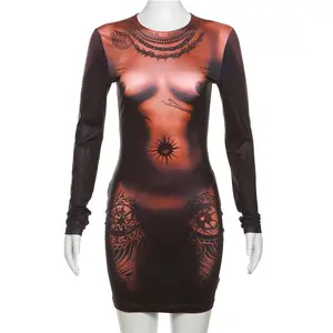 New Arrivals Long Sleeve 3D Printed Casual Dress Bodycon Mini Dress Trendy O Neck Slim Dress