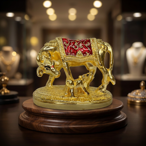<b>Gold</b> Plated Surabhi Gau Mata with Nandini Calf <b>Statue</b> Hindu Temple Decor Spiritual Gift Wedding Return Gift - Product Image 1
