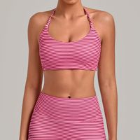 Soutien-gorge de yoga vintage imprimé côtelé à col halter et fines bretelles pour femme, coupe ajustée, très extensible, idéal pour le Pilates et le sport