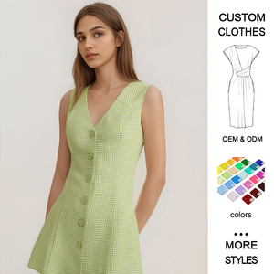 Abito lungo estivo in maglia a scollo a V senza maniche, fantasia scozzese, con lacci, vestito maxi/mini da donna - Product Image 1