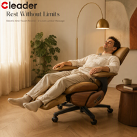 Fauteuil de Direction en Cuir Véritable avec Inclinaison Électrique, Recharge Intelligente, Massage Lombaire, Dossier Haut, Accoudoirs en Bois Massif