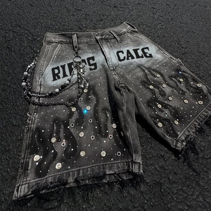 Diznew ดีไซเนอร์กางเกงยีนส์ rhinestone กางเกงขาสั้นสำหรับผู้ชายที่ล้างกรดสีดำ streetwear กางเกงขาสั้นประดับเพชร - Product Image 2