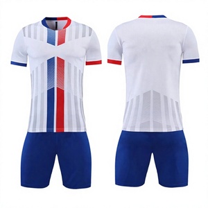 Conjunto de Camiseta de Fútbol para Hombre, Blanca, Azul y Roja, Cuello en V, Cintura Elástica, Manga Corta, Sublimada, Poliéster que Absorbe la Humedad, Personalizable para Equipos - Product Image 1