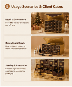 Boîte cadeau calendrier de l'avent en carton rigide brun doré à 24 tiroirs avec couvercle enveloppe, dorure à chaud et impression personnalisée - Product Image 4