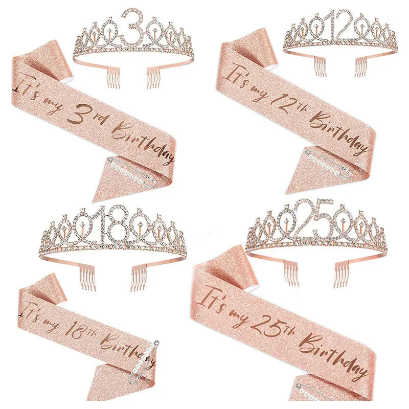 Happy Birthday 3th 18th 50th 80th Crown Tiara Sash Set Birthday Party Supplies Decorations For Girls Children