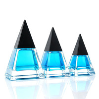 Botol Parfum Kaca Bentuk Segitiga Kosong Transparan dengan Pompa Semprot 30ml 50ml 100ml, Tutup Hitam, Sablon, Warna Kustom