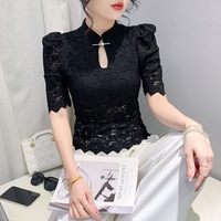 Nouvelle Collection Été – Top Élégant Amincissant en Dentelle à Col Montant et Manches Courtes Style National pour Femme