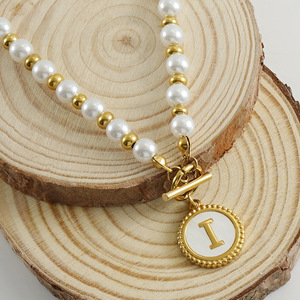 Zogxin Pearl Chain Stainless Steel 18K Gold Plated Letter Pendant Necklace For Women Everyday Wear - Product Image 4