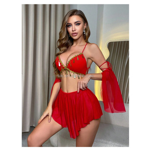 SacKnove W937 Nuovo Stile Esotico in <span class=keywords><strong>Tulle</strong></span> <span class=keywords><strong>Trasparente</strong></span> con Frange Dorate, Bustier <span class=keywords><strong>Trasparente</strong></span>, <span class=keywords><strong>Reggiseno</strong></span> Rosso e Minigonna, Lingerie Sexy per Donne - Product Image 2