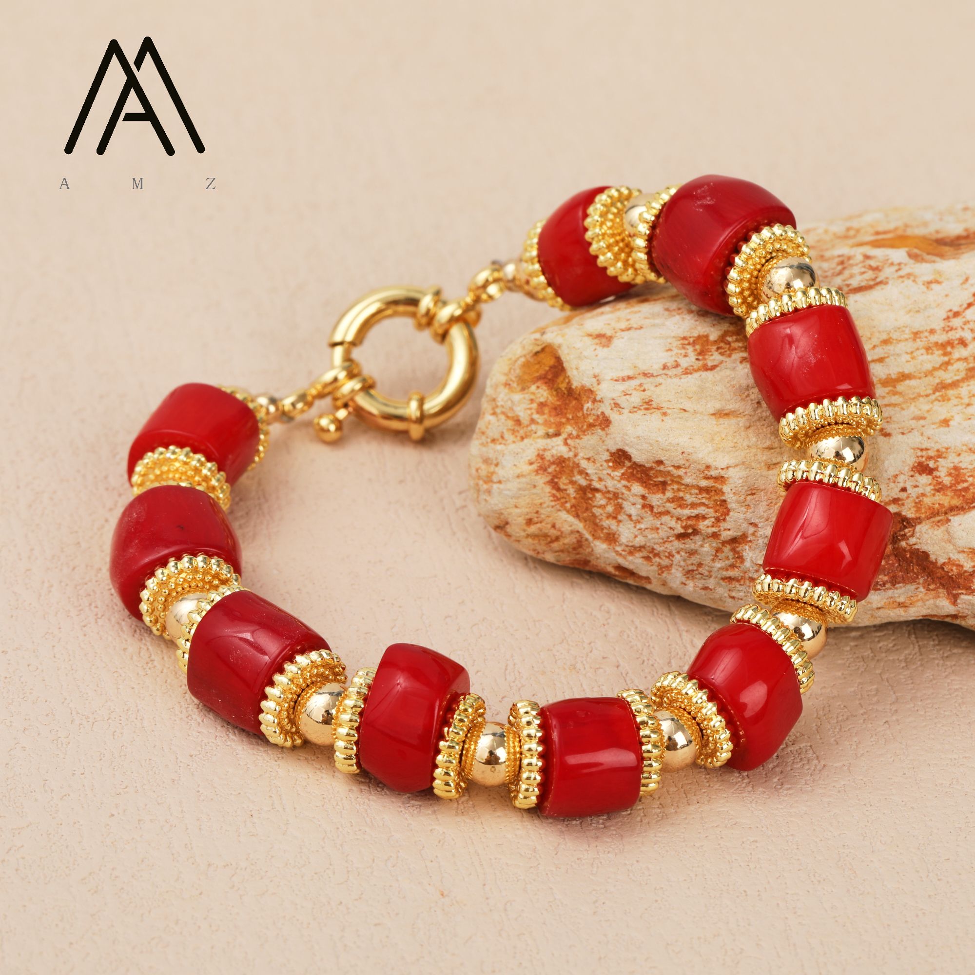 Vintage Red Coral Bracelet with Gold Plated Copper Spacer
