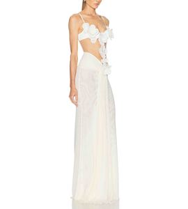 Vestido de <span class=keywords><strong>Alta</strong></span> <span class=keywords><strong>Costura</strong></span> para Mujer, 100% Blanco, Largo hasta el Suelo, Asimétrico, con Corsage de Encaje y Flores, Lujoso, Recto, Natural, Verano - Product Image 1