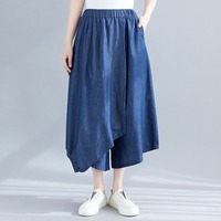 Pantalones Culotte Asimétricos de Verano 2026 al por Mayor, de Mezclilla con Cintura Elástica, Pierna Ancha y Dobladillo Tipo Pañuelo, Dos Colores, para Mujer