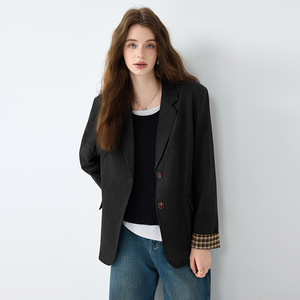 Retro Patchwork Suede Blazer For Women Coffee Color Autumn Winter Workwear Top Solid Pattern Buttons Design - Product Image 3
