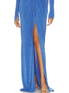 Vestido plisado azul para mujer, nuevo diseño 2026, corte ajustado, abertura frontal, largo hasta la pantorrilla, vestido largo - Product Image 5