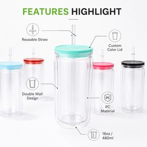 Hot Sale Clear 16oz Double Wall <b>Plastic</b> Mason Jar Cup with Lid Straw for Iced Coffee Cold Drink Party - Product Image 5