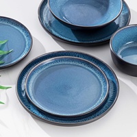 Services de table Vancasso BEACH pour 6 personnes, 24 pièces en grès, compatibles lave-vaisselle et micro-ondes, assiettes et bols à dîner/dessert/soupe, bleu