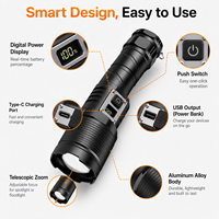 Lampe torche tactique rechargeable LED 30W XHP70, étanche IP44, faisceau réglable spot/diffuseur 1500m, zoom, affichage numérique, 5 modes