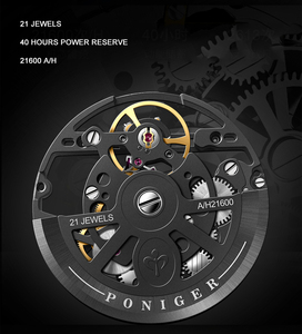 PONIGER P6.21 นาฬิกาจักรกล ระบบไขลานอัตโนมัติ หน้าปัดเรืองแสง กระจกแซฟไฟร์ สายยาง ตัวเรือนเหล็ก โรเตอร์แบบกำหนดเอง ดีไซน์บางเฉียบ - Product Image 2