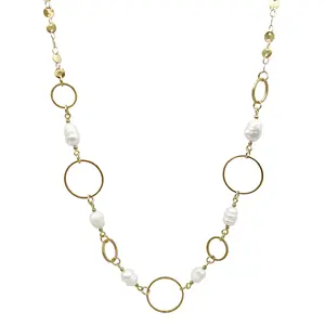 N75-055 Halo stainless steel gold circle fresh water barqoue pearl jewelry women necklace