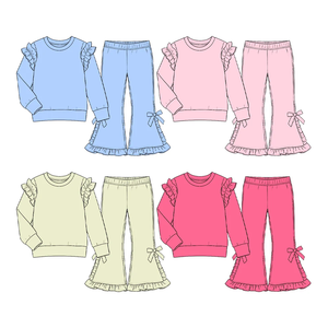 Vente directe d'usine, ensemble pantalon long et manches longues pour bébé fille, couleur unie, coton, nœuds, volants, vêtements assortis pour enfants - Product Image 2