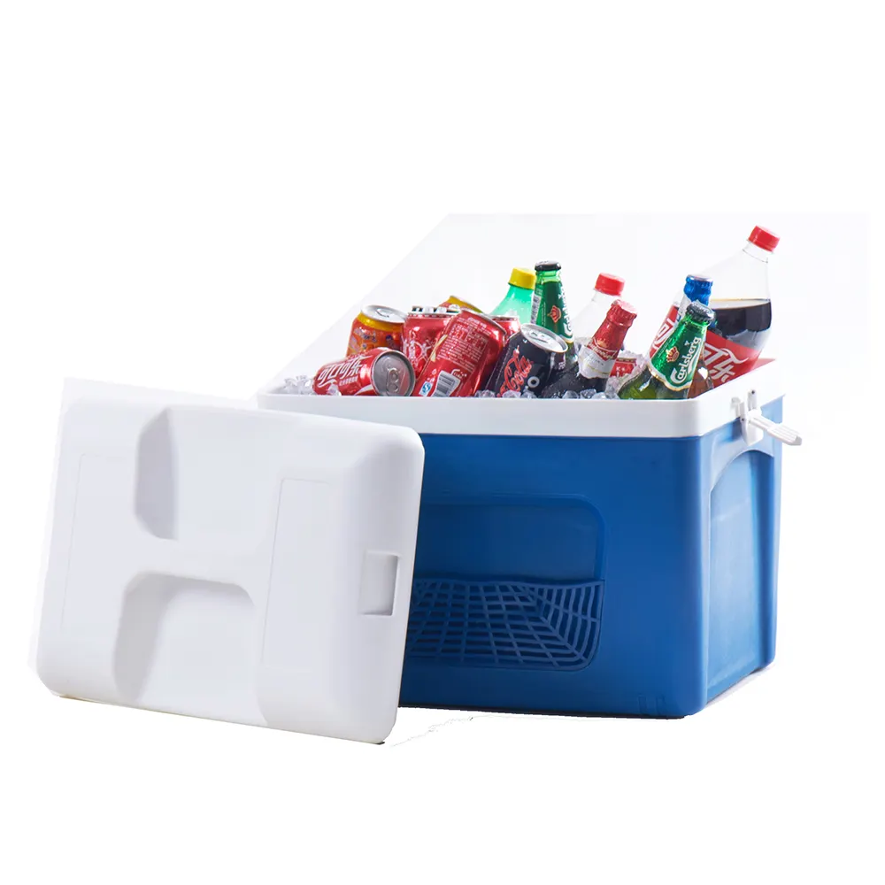 Hot Sale Multifunctional 30L outdoor plastic ice cooler box with handle and web,Blue