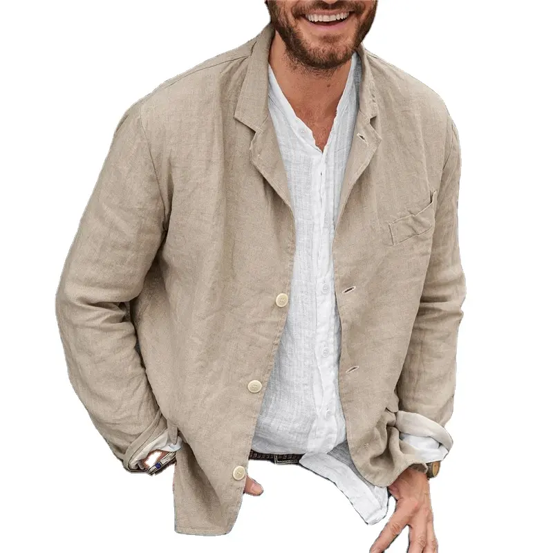 Man Linen Cotton Long Sleeve Cuban Collar Shirt Jacket Linen Shirt for Men
