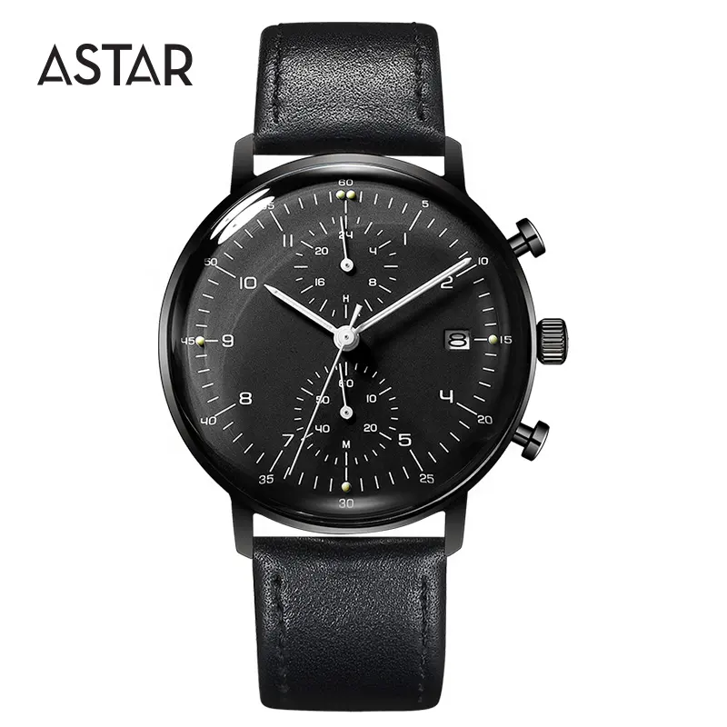 Wholesale custom logo oem luxury dome crystal glass 5atm chronograph 316L stainless steel full grain leather watch men for sale