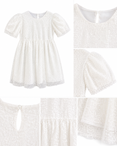 Elegante Vestido de Fiesta Blanco con Lentejuelas para Niñas, con Mangas Abullonadas y Cintura Fruncida, para Bodas y Eventos de Damas de Honor - Product Image 5