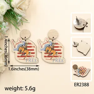 YYXER2388 Cute Wood Earrings Silver Post Style American Independence Day Party Jewelry Cartoon Pattern Women Anniversary Gift