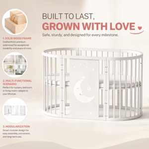 Cuna Ovalada Convertible Multifuncional, Diseño Moderno, Madera Sólida, Cama Redonda para Bebés, para Dormitorio Infantil, Sala de Estar - Product Image 4