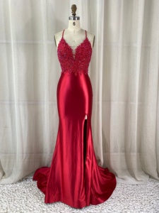Robe de bal en satin brodée de dentelle et strass, fente haute, pour banquet, <span class=keywords><strong>demoiselle</strong></span> <span class=keywords><strong>d</strong></span>'<span class=keywords><strong>honneur</strong></span>, soirée, finition brillante ou mate, directement de l'usine - Product Image 2