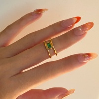 Dazan New HOT INS Trendy 18k PVD Plaqué Or Acier Inoxydable Vintage Poli Carré Vert Zircon Minuscule Double Dame Anneau