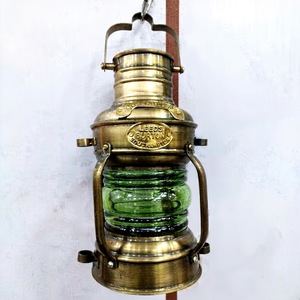 Lámpara Colgante Náutica Vintage de Latón con Cristal Verde, Luz Marina Decorativa, Artesanía Metálica - Product Image 1