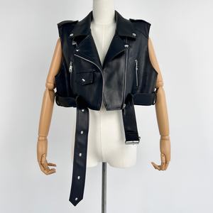 Veste en cuir noire tendance pour femmes, veste sans manches en cuir de moto avec ceinture ajustable - Product Image 2