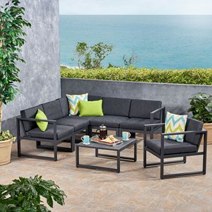 Ensemble <span class=keywords><strong>de</strong></span> <span class=keywords><strong>salon</strong></span> <span class=keywords><strong>de</strong></span> patio <span class=keywords><strong>en</strong></span> métal 7 pièces <span class=keywords><strong>en</strong></span> aluminium noir mobilier d'extérieur avec coussins <span class=keywords><strong>gris</strong></span> foncé résistants à l'eau ensemble <span class=keywords><strong>de</strong></span> canapé <span class=keywords><strong>de</strong></span> <span class=keywords><strong>jardin</strong></span> - Product Image 2