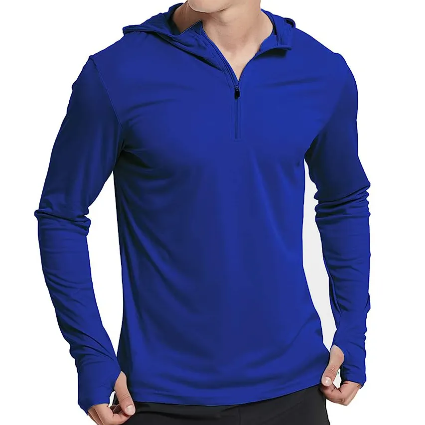 Vente en gros de sweat à capuche de protection solaire UPF 50 + pour hommes 1/4 chemises athlétiques à manches longues zippées avec capuche t-shirt d'entraînement