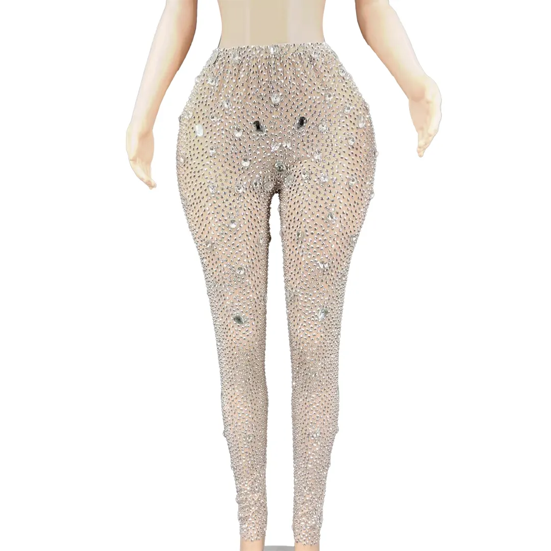 Pantalones transparentes de malla brillante para mujer, traje de escenario Sexy para fiesta y Club, pantalones de baile de Jazz a la moda