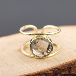 วงแหวนอัญมณีทรงกลมแบบเดี่ยวแบบใสสามารถปรับได้ควอตซ์ใสวงแหวนแบบเปิดแหวนชุบทองสองชั้น - Product Image 1