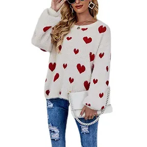 Sweater wanita Mohair rajut Hari Valentine, Sweater Pullover leher Crew Amerika Eropa, Sweater rajut cinta Mohair, untuk wanita