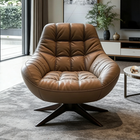 Fauteuil Lounge Nordique en Cuir Marron, Canapé Simple, Fauteuil Pivotant Confortable, Fauteuil Club à Dossier Haut, Ensemble de Meubles de Lecture Rembourrés
