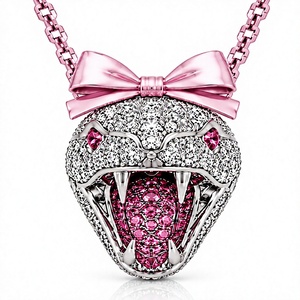 Collier pendentif tête de serpent rose avec nœud et breloque en moissanite, plaqué or, ton argenté, bijou tendance, cadeau pour femme - Product Image 2