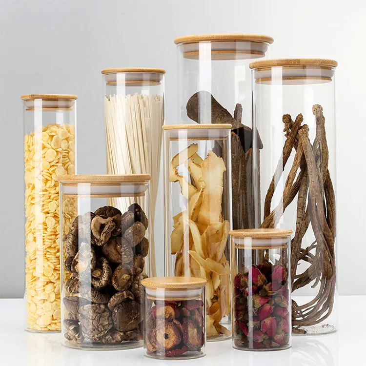 Small Multifunctional Airtigh 12oz Glass Storage Jar Container with Bamboo Lid for Spices